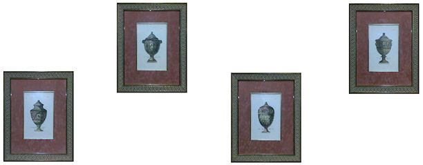 The complete Set of all 4 Ornate Timber-Framed Pale Pink Vase Etchings. Set of 4 Timber-Framed Pale Pink Vase Etchings