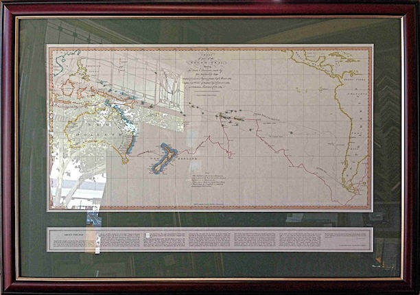 Burgundy-Gold Timber Framed Limited Edition of Replica of Map used by Captain James Cook.<br>